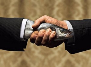 Handshake with wet fish